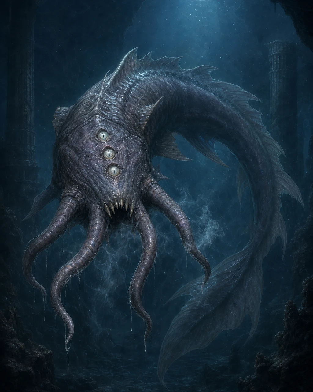 A huge blue-gray aboleth with three eyes and four tentacles glides through a dark underwater cavern.