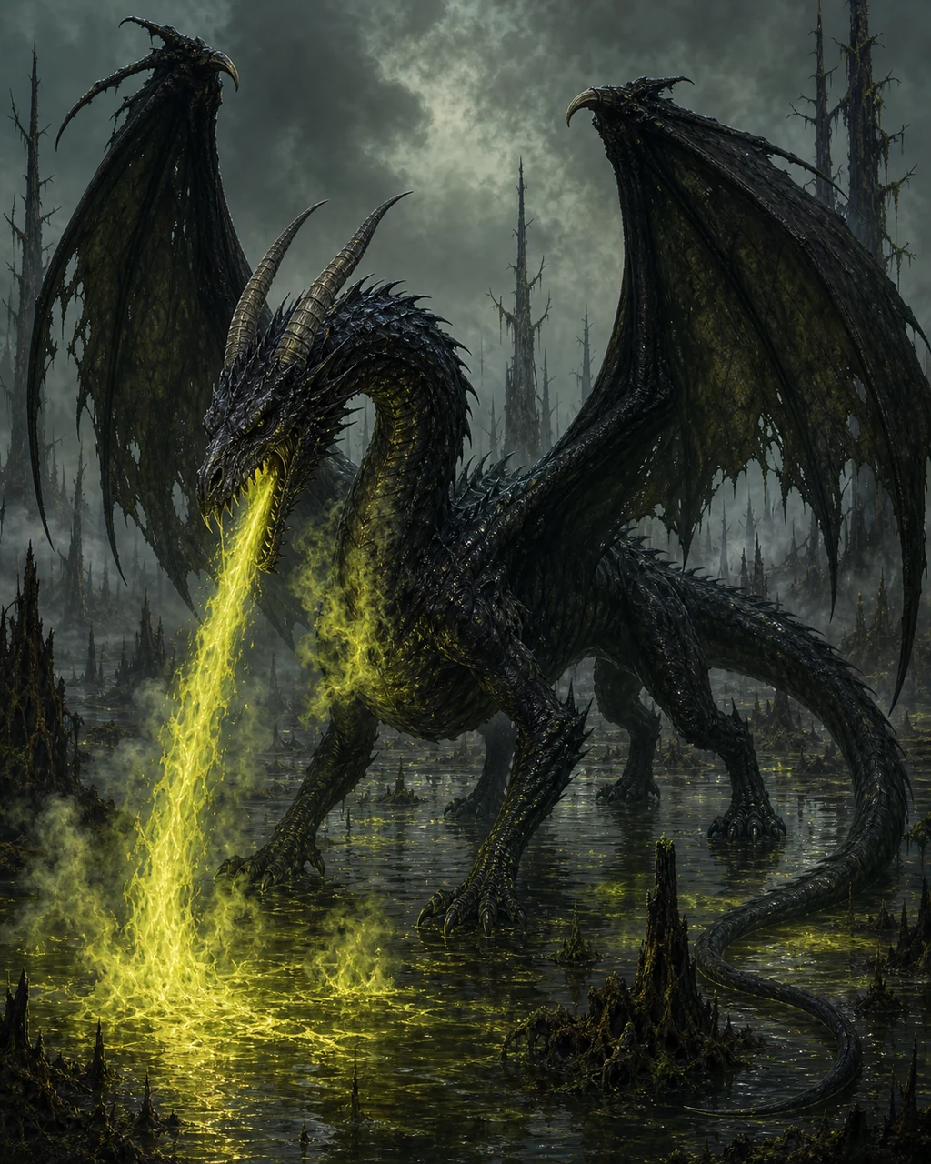 A huge adult black dragon stands in a drowned forest, pouring acid from its skull-like jaws.