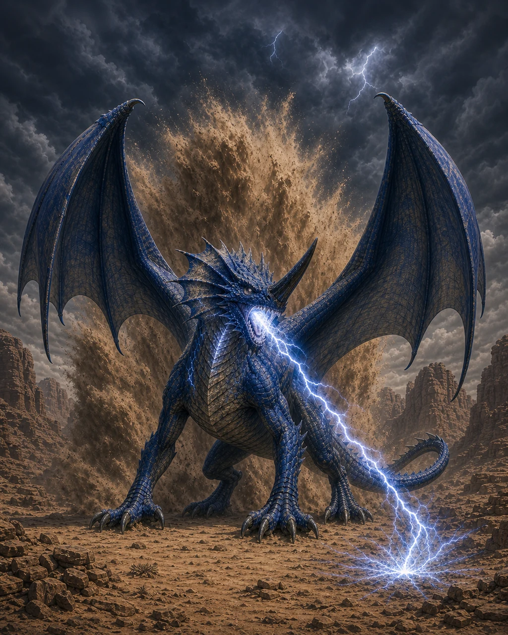 A huge adult blue dragon bursts from a wall of sand as lightning fires past its massive nasal horn.