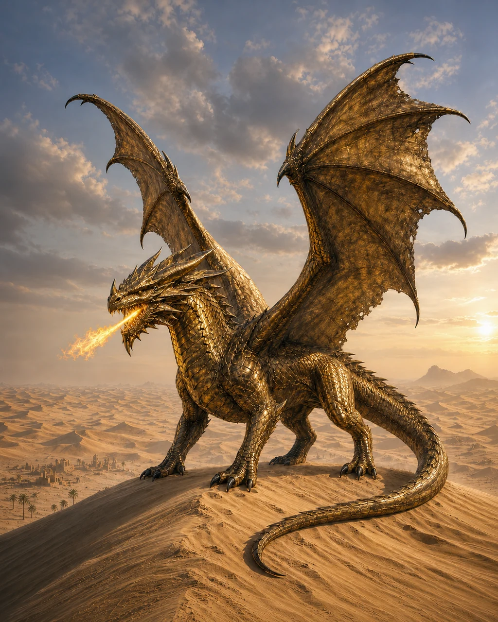 A huge adult brass dragon stands across a dune crest with vast wings spread and fire rolling from its jaws.