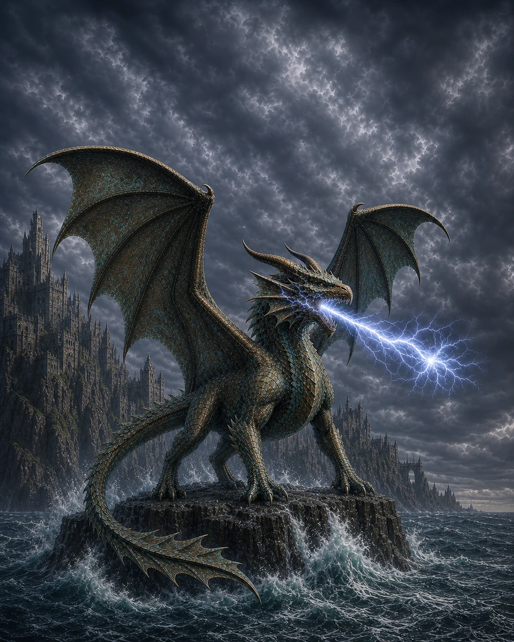 A huge adult bronze dragon rises through crashing surf and fires lightning past a coastal fortress.