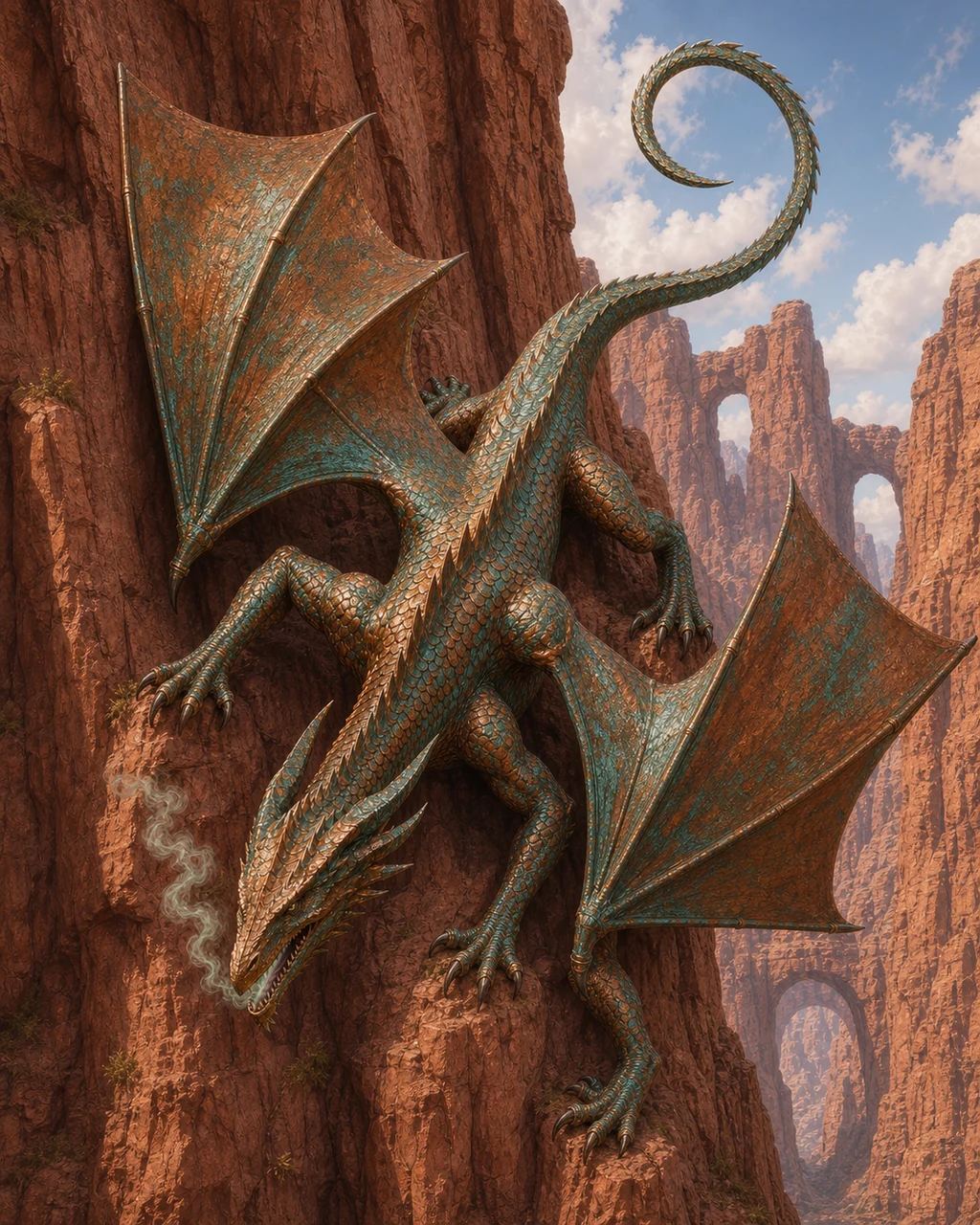 A huge verdigris-patched adult copper dragon climbs headfirst down a red canyon wall.