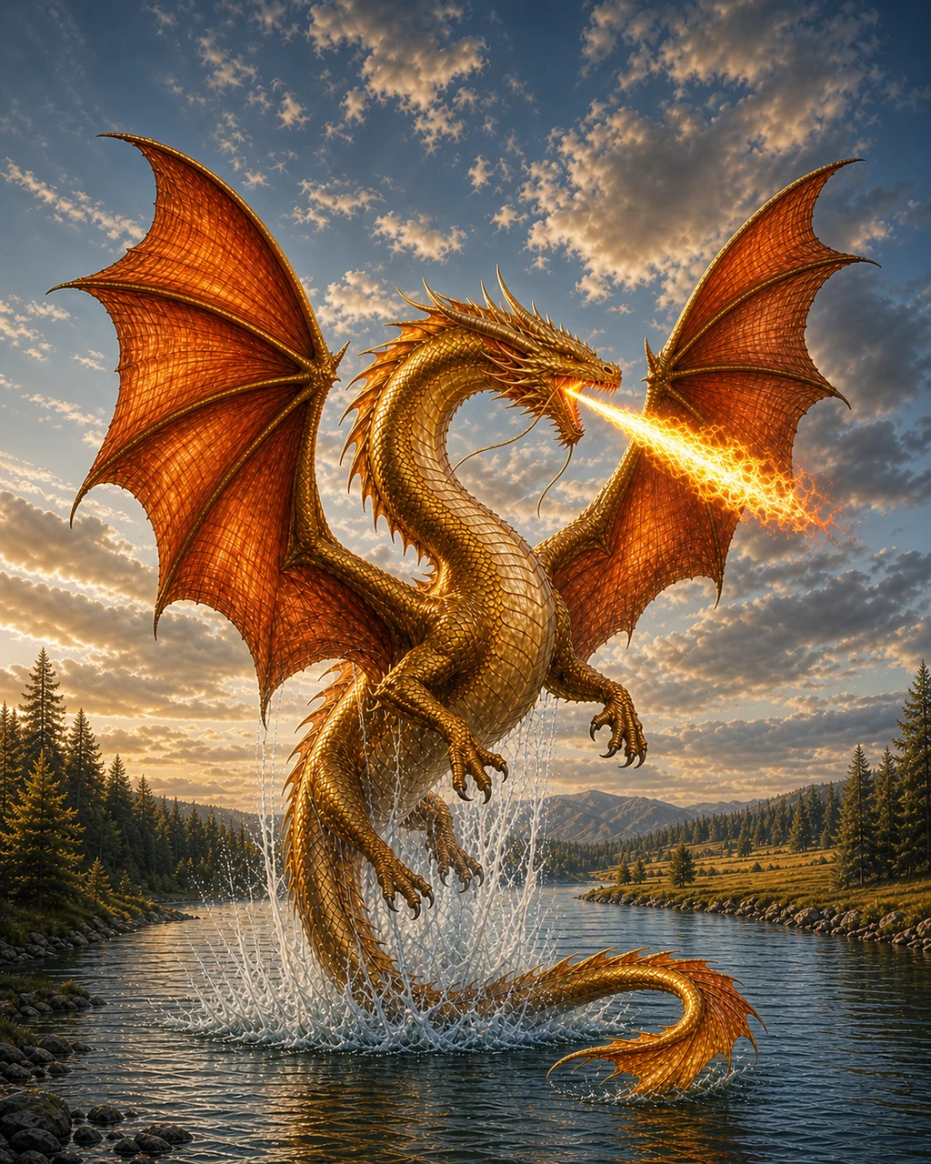 A huge adult gold dragon rises from a river, long barbels streaming as it breathes white-orange fire.
