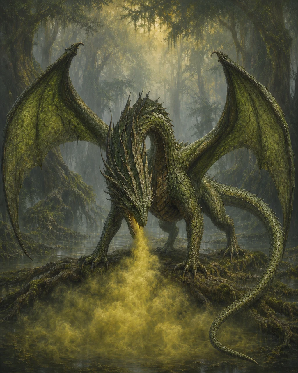 A huge adult green dragon stands over ancient roots while a yellow poison cloud pours from its jaws.
