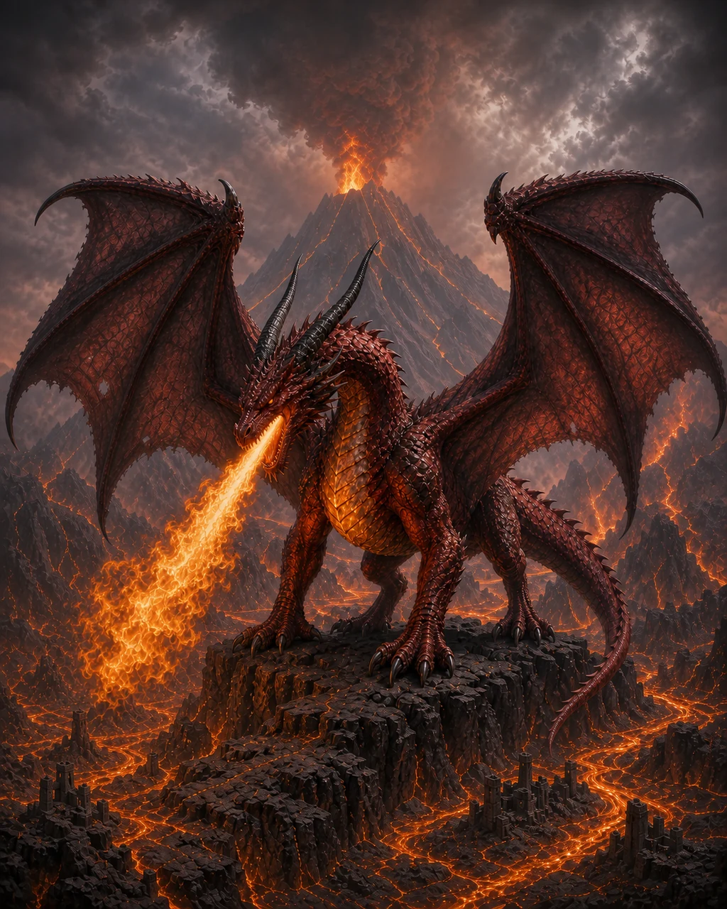 A huge adult red dragon stands over a caldera and breathes a torrent of fire across black basalt.