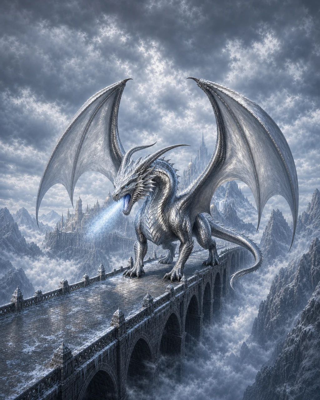 A huge adult silver dragon lands across a mountain bridge as frost and stilling mist leave its jaws.
