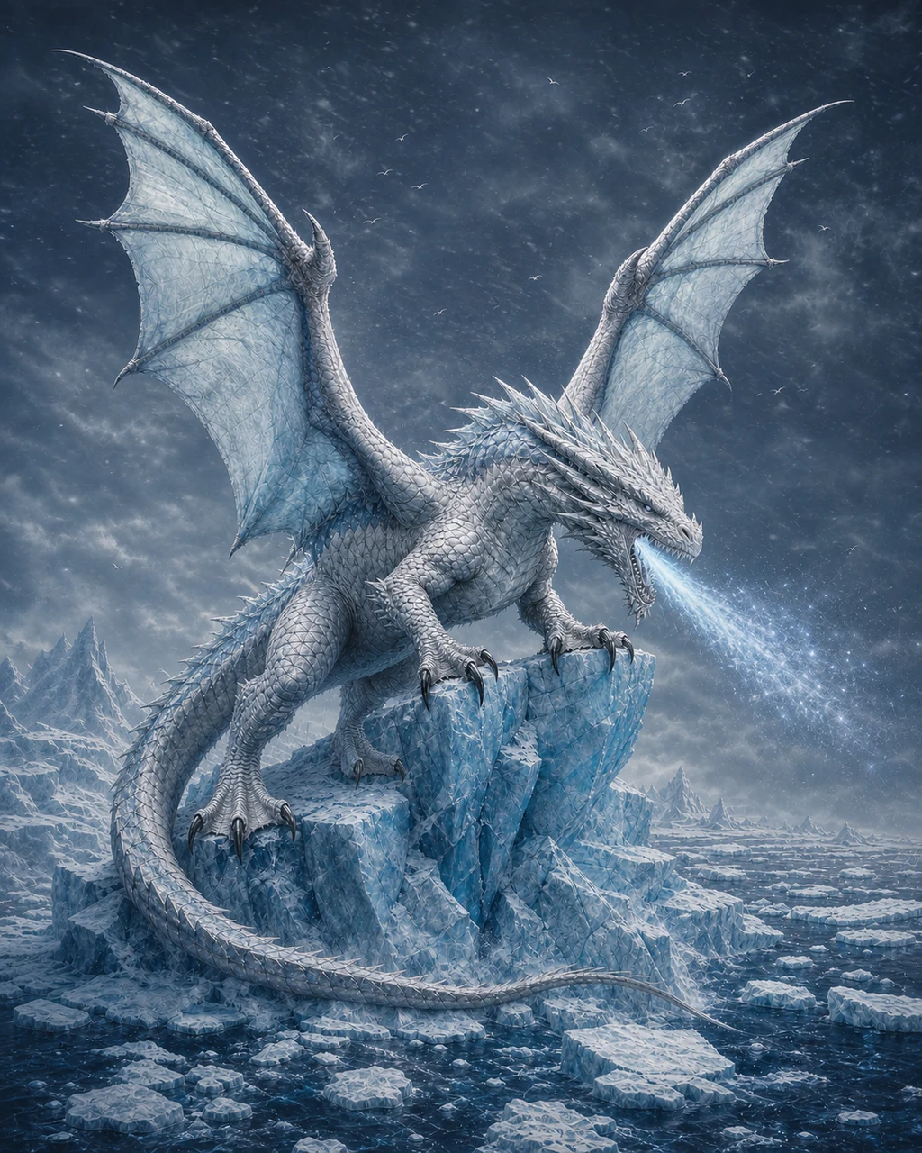 A huge adult white dragon climbs across broken sea ice while breathing a cone of freezing vapor.