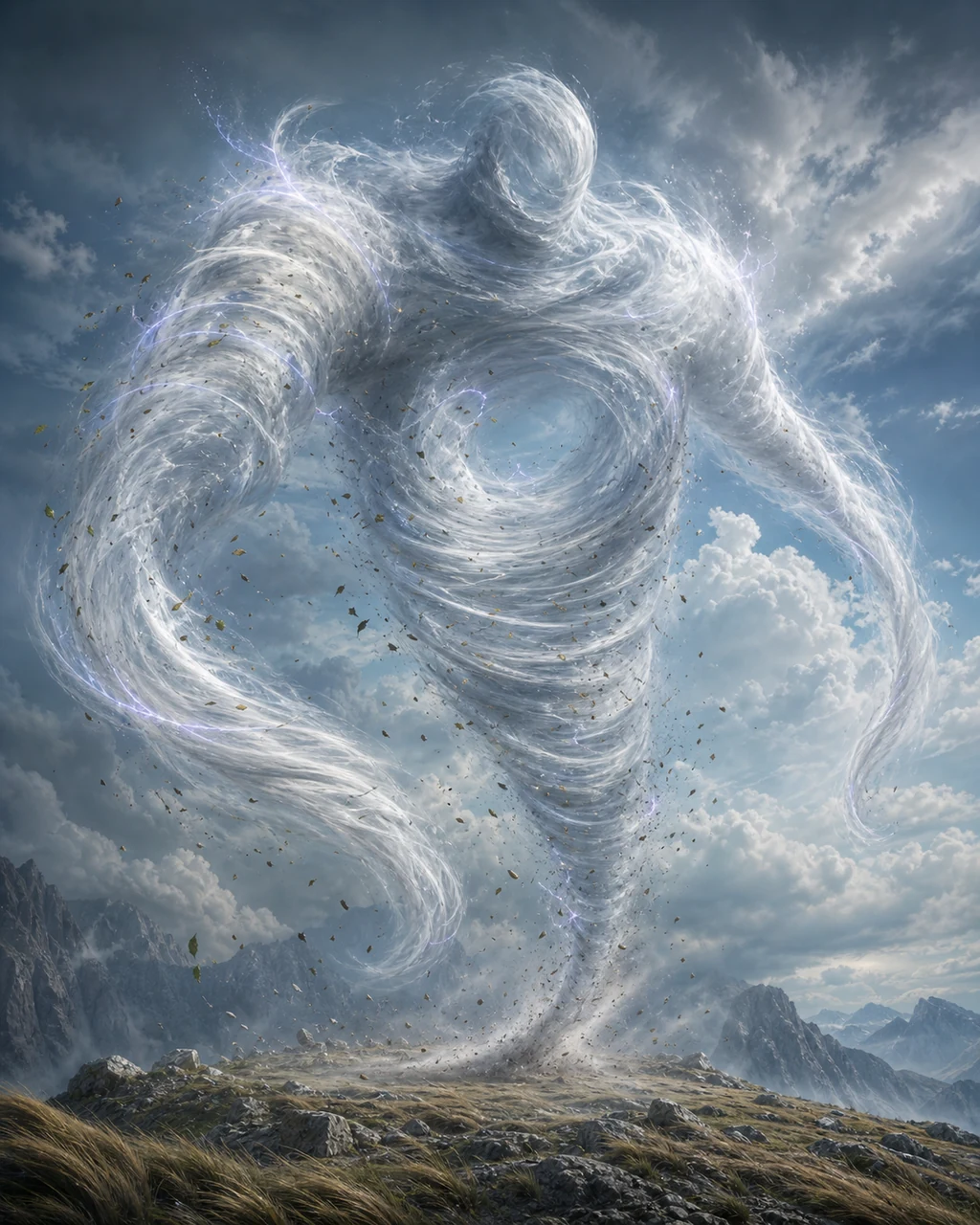 A large humanoid vortex of pale air surges across a rocky plateau amid spiraling leaves and dust.