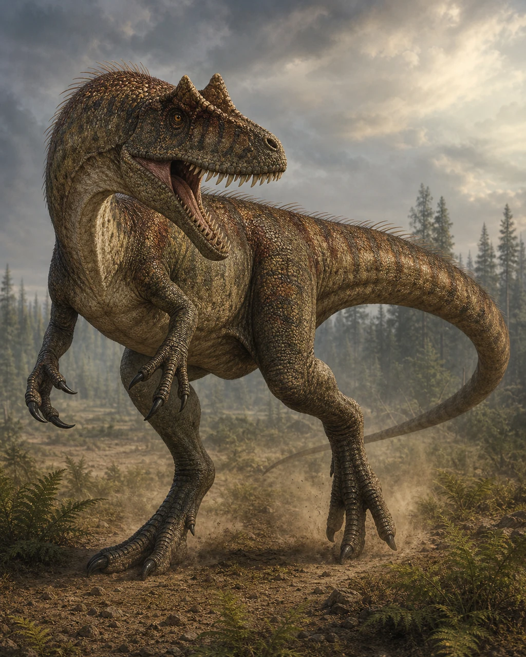 A dusty olive allosaurus turns across open grassland with jaws spread and its long tail balancing the charge.