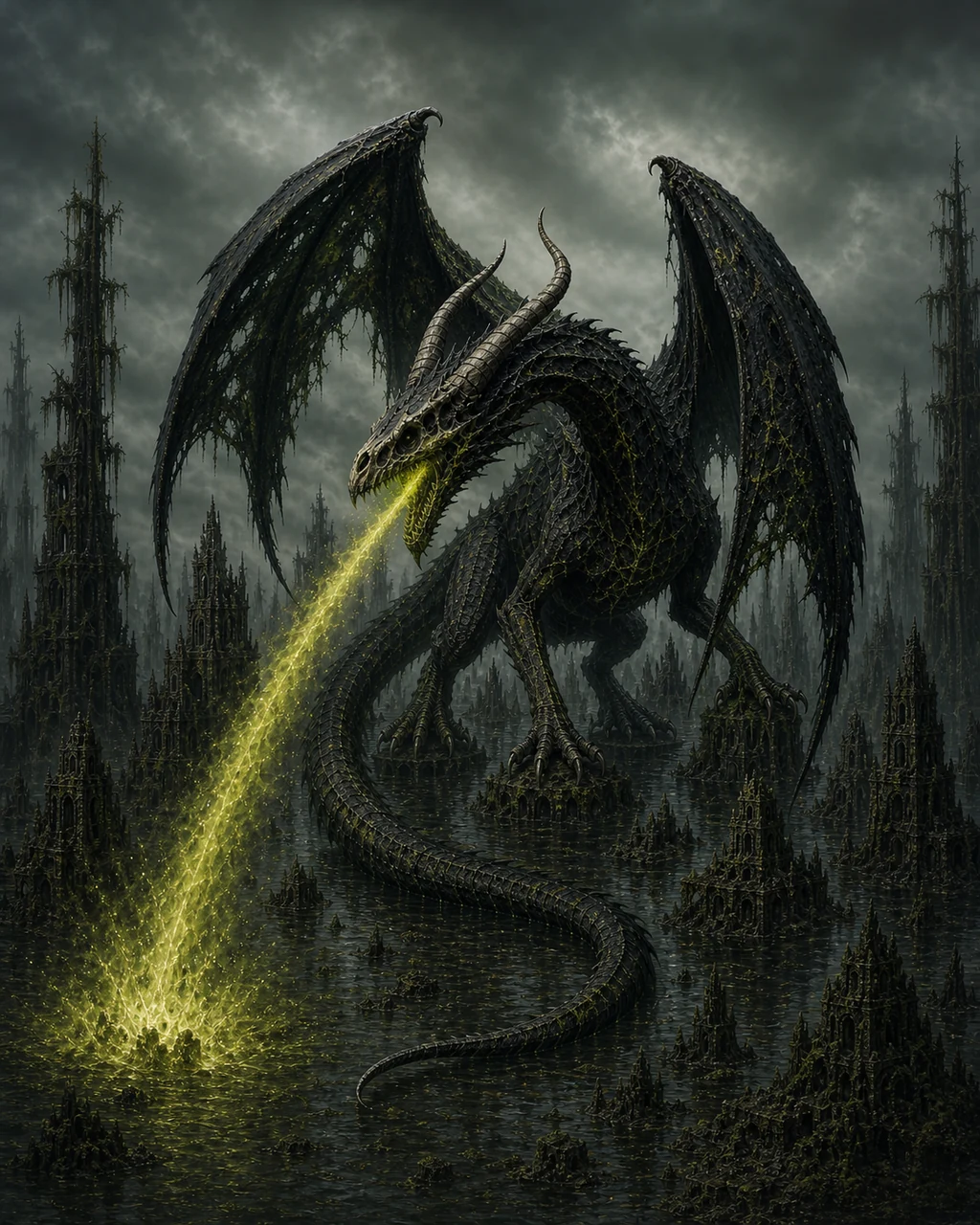 An ancient black dragon rises through a drowned city, its skull-like head pouring acid across the swamp.