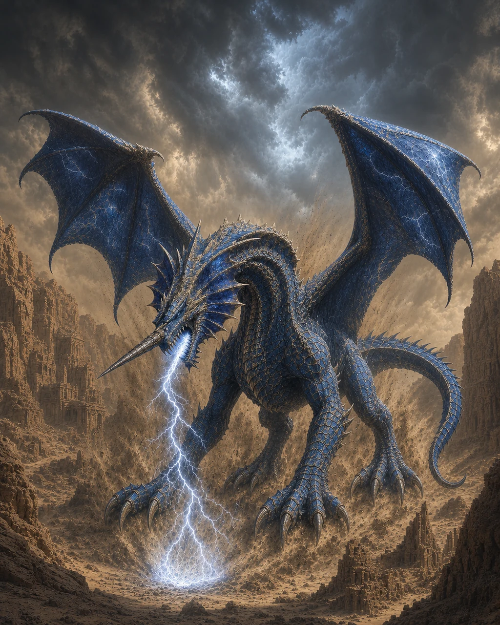 An ancient blue dragon erupts beneath a canyon as lightning follows its titanic horn through a sandstorm.