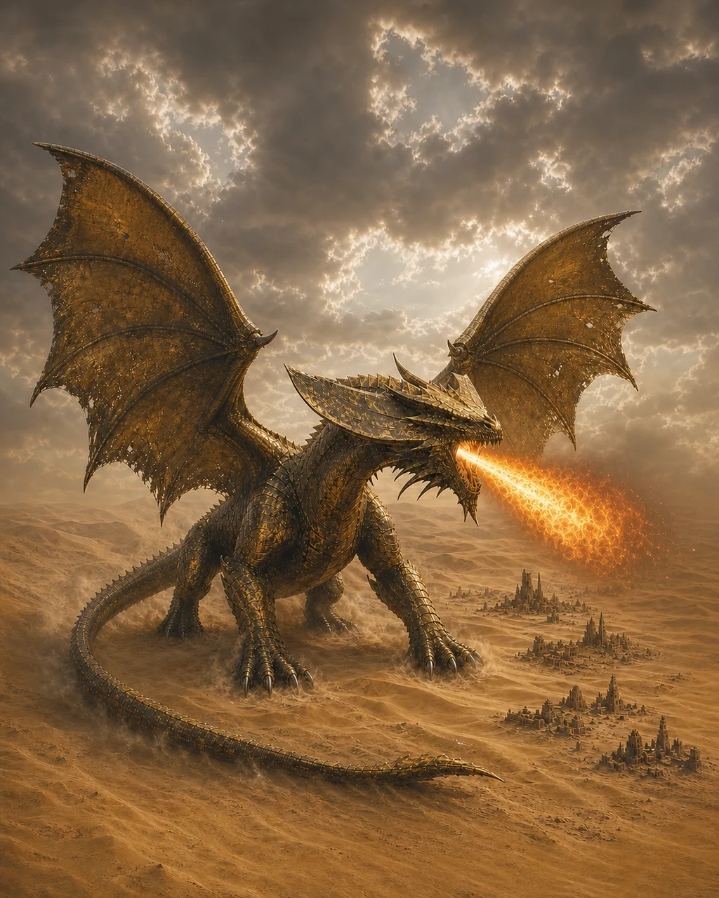 An ancient brass dragon rises beneath a dune field, its colossal wings and fire dwarfing distant ruins.
