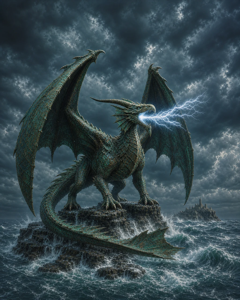 An ancient verdigris-covered bronze dragon surges from a storm ocean and breathes lightning over a reef.