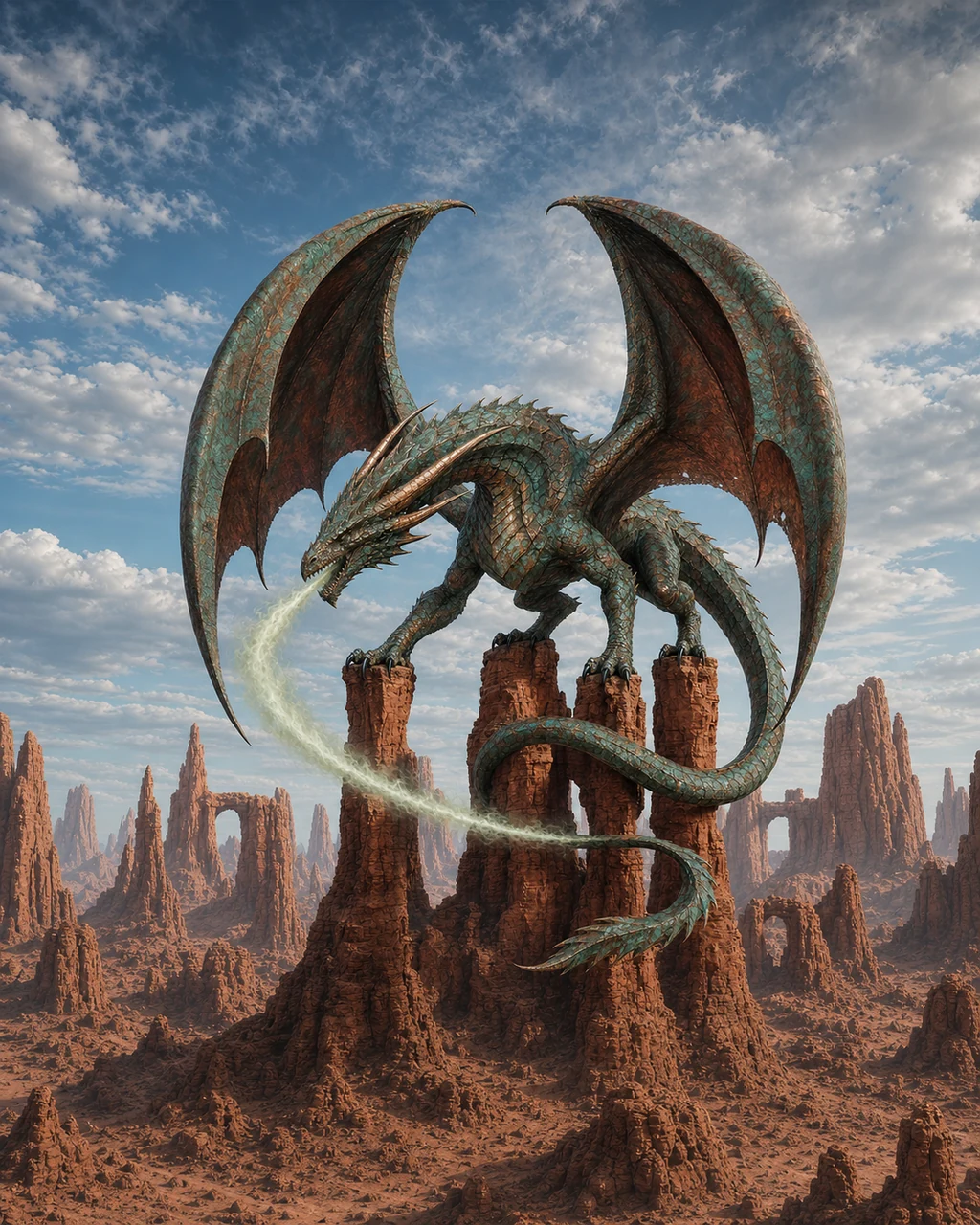 An ancient verdigris-covered copper dragon spans red-rock pillars with colossal wings and curling acid breath.