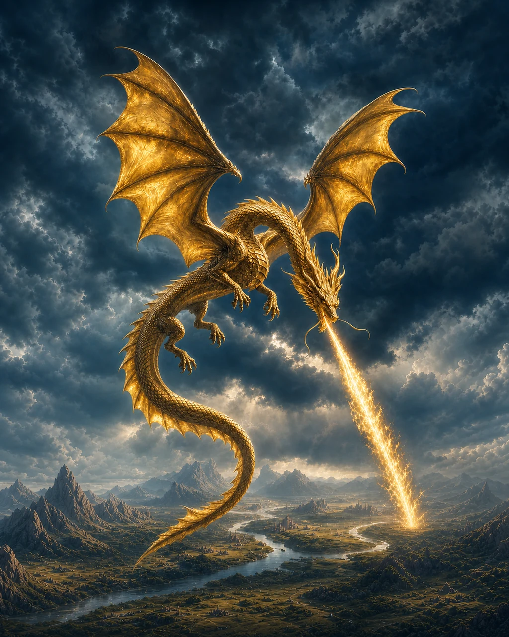 An ancient gold dragon coils across the sky above a river valley while breathing a sun-bright stream of fire.