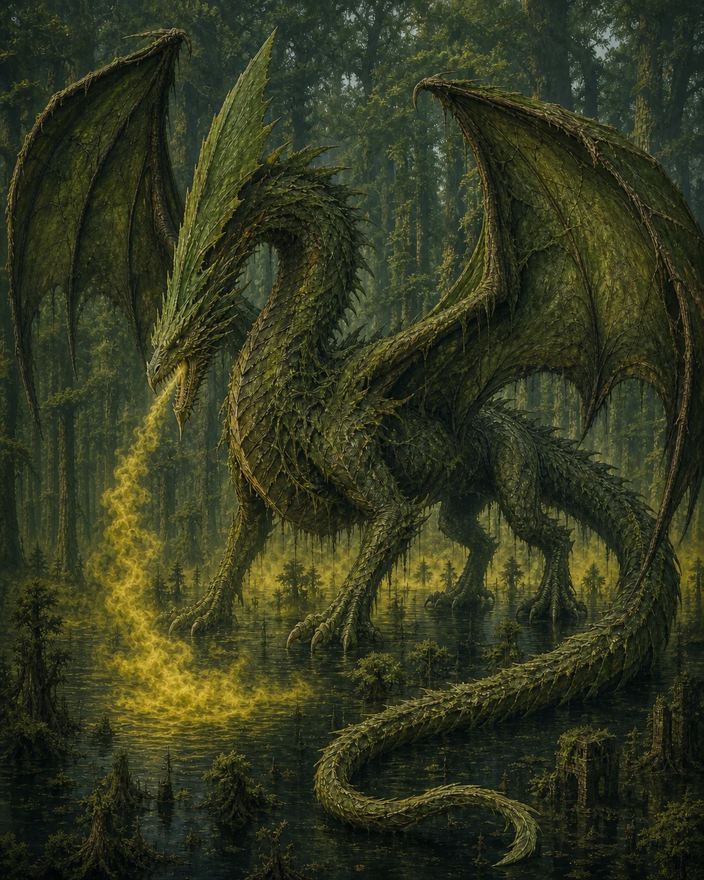 An ancient green dragon blends into a primordial forest canopy while poison fog floods the roots below.