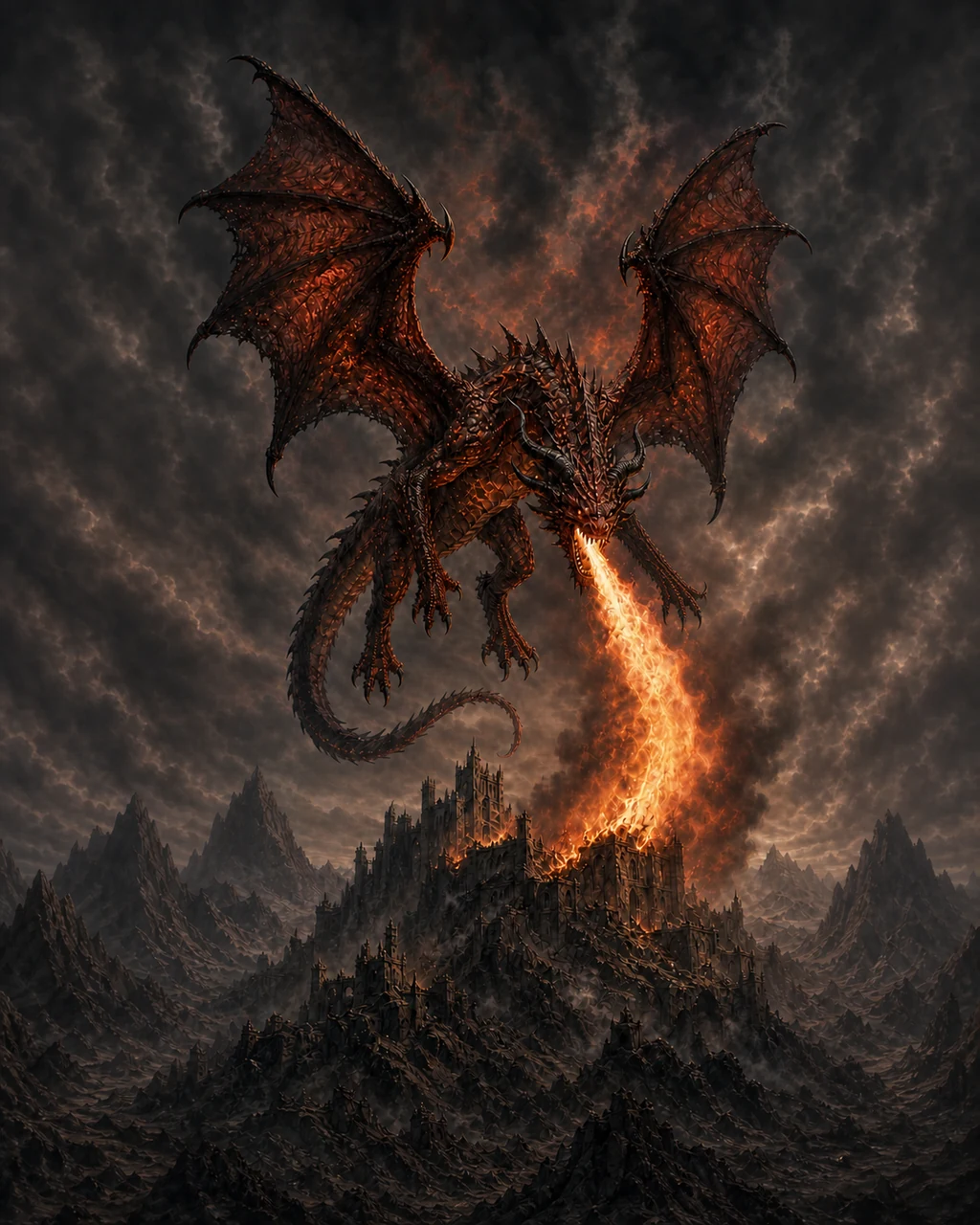 An ancient red dragon crushes a volcanic fortress beneath its colossal body and fills the ash sky with fire.