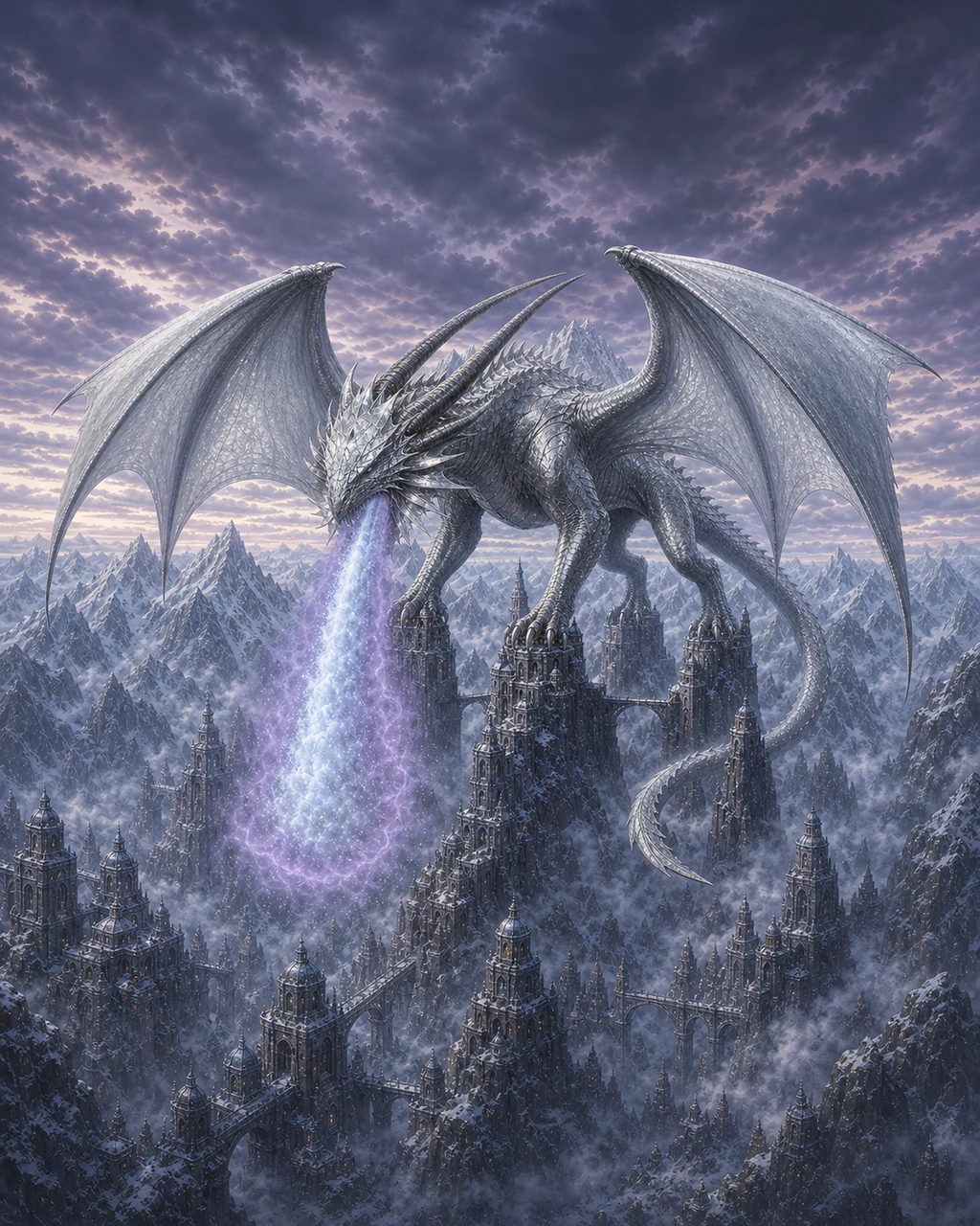 An ancient silver dragon spans mountain towers as a vast cloud of frost and stilling mist descends from its jaws.