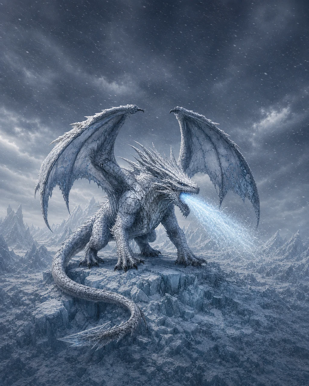 An ancient white dragon climbs over a shattered glacier while its colossal wings darken the snow and cold floods the air.