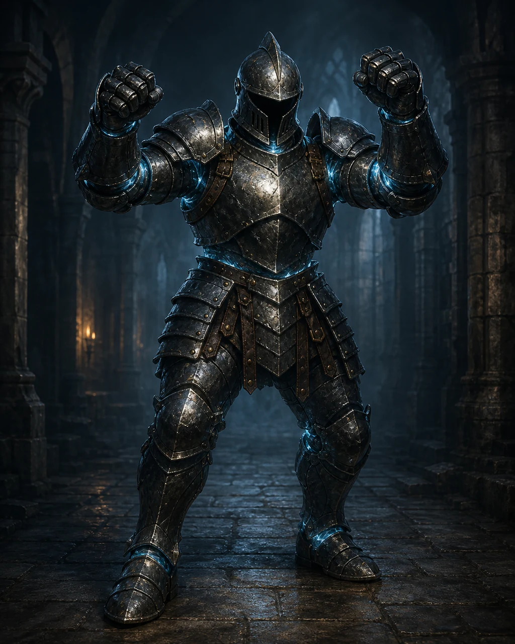 An empty dark-steel suit of animated plate armor advances through a castle corridor with raised fists.