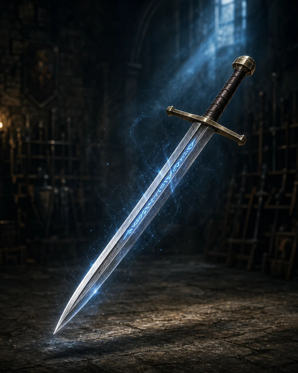 An unsupported steel sword darts through a dark armory with faint blue runes glowing along its blade.