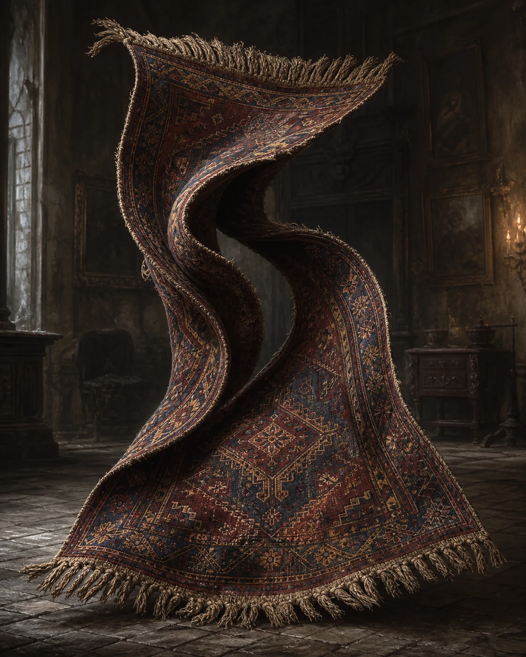 A faded crimson animated rug rises from a manor floor, folding its tasseled edges inward to smother prey.