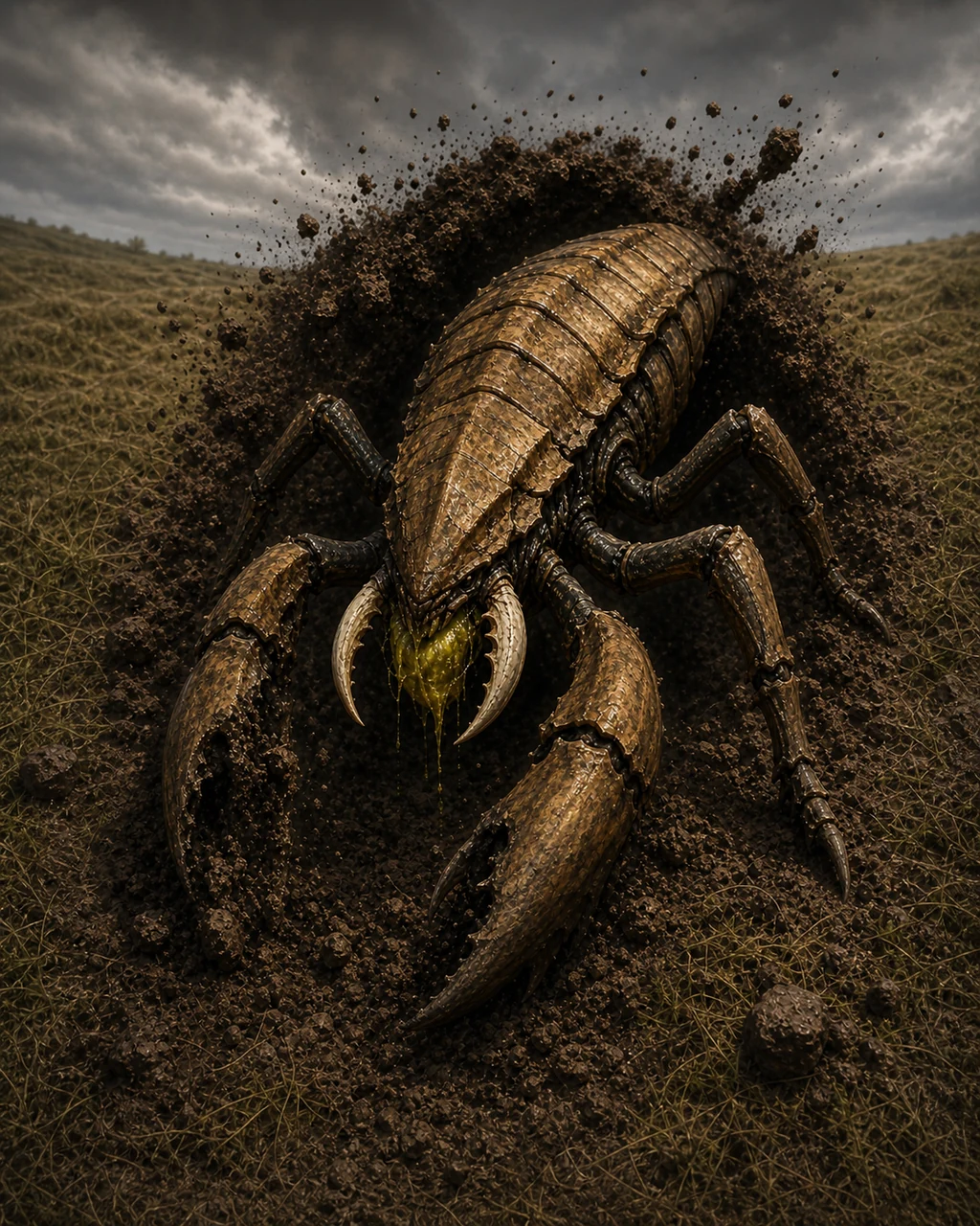 A plated ankheg erupts from a grassland burrow, six legs braced as acid gathers between its mandibles.