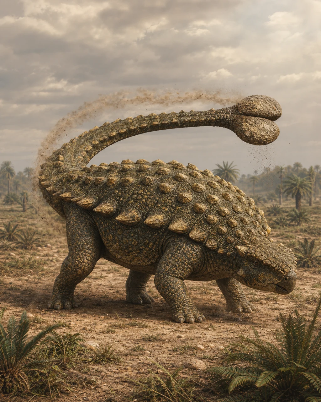 A huge armored ankylosaurus pivots across dusty grassland and swings its massive tail club.