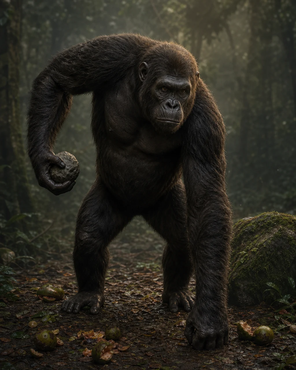 A muscular charcoal ape braces in a forest clearing with one long arm drawn back around a stone.