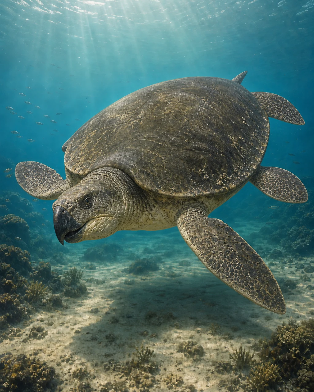 A colossal scarred archelon glides over a coastal seabed on four long flippers beneath a broad leathery shell.