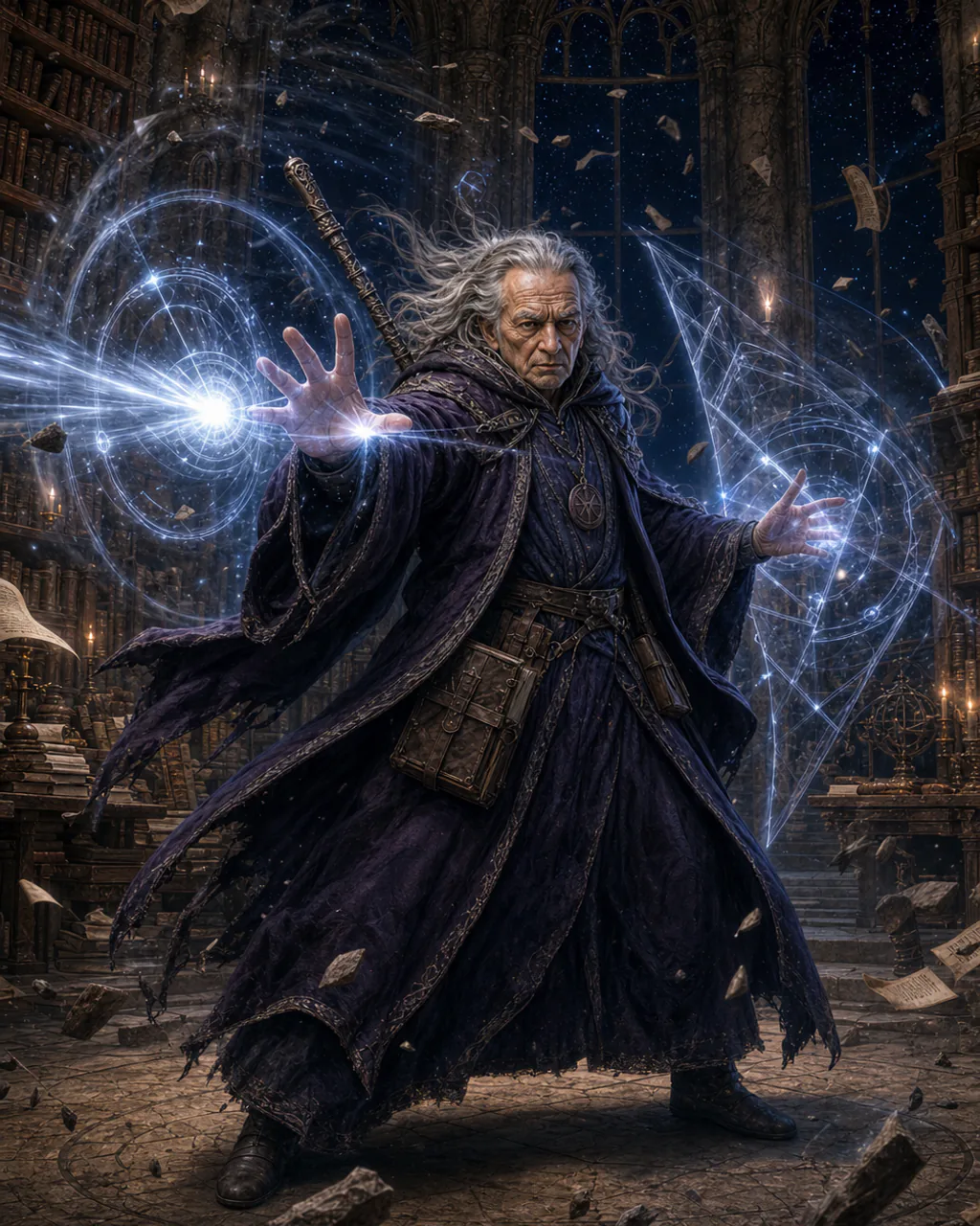 A small elder archmage stands within a clear magical ward while directing bright force bolts.