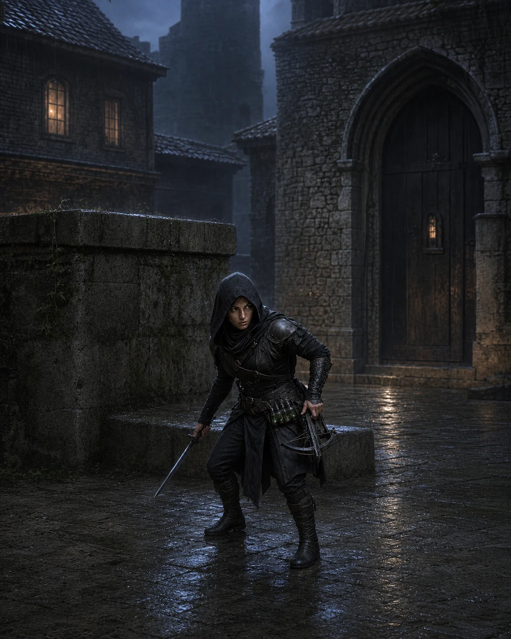 A compact hooded assassin lands silently in a dark courtyard with shortsword and light crossbow ready.