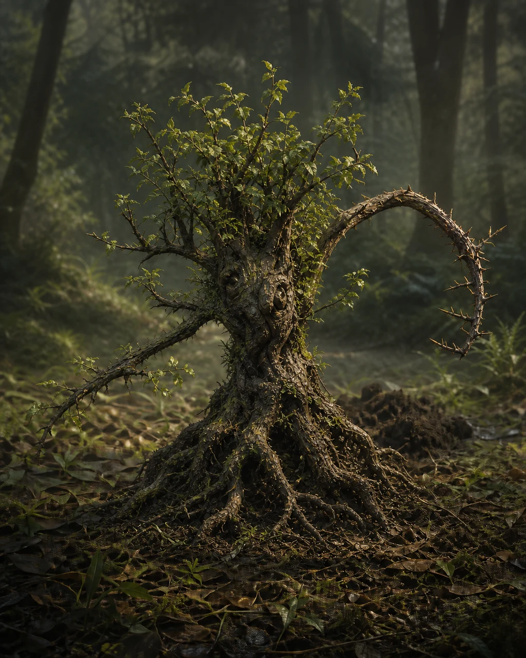 A small awakened shrub scuttles across a woodland floor on tangled roots with thorny branches raised.
