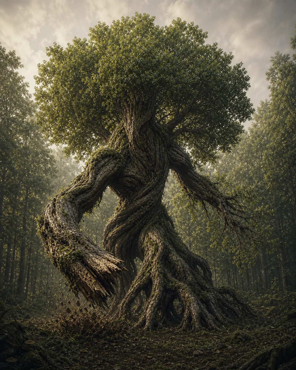 A huge awakened oak strides through an old forest on lifting roots, one massive branch sweeping forward.