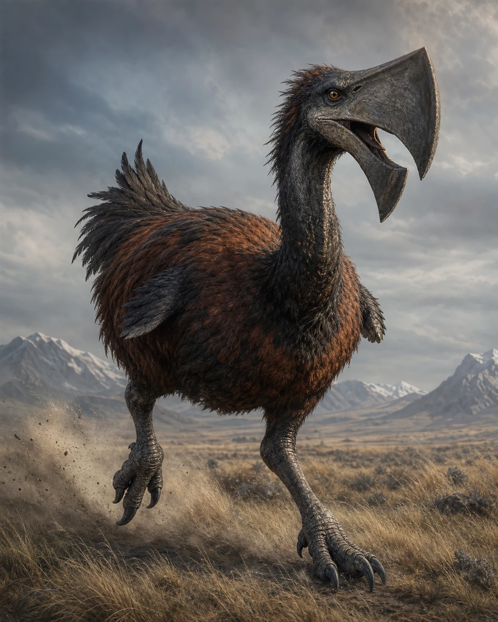 A towering rust-black axe beak charges across grassland on two legs with its huge wedge-shaped bill forward.