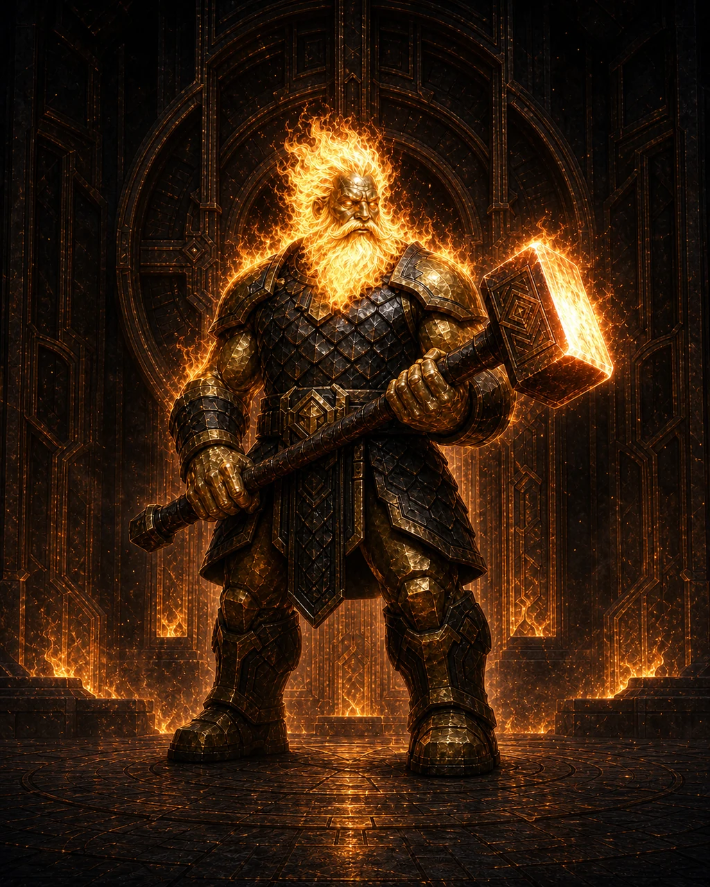 A bronze azer sentinel guards a black forge gate with fiery hair and a heat-bright hammer held ready.