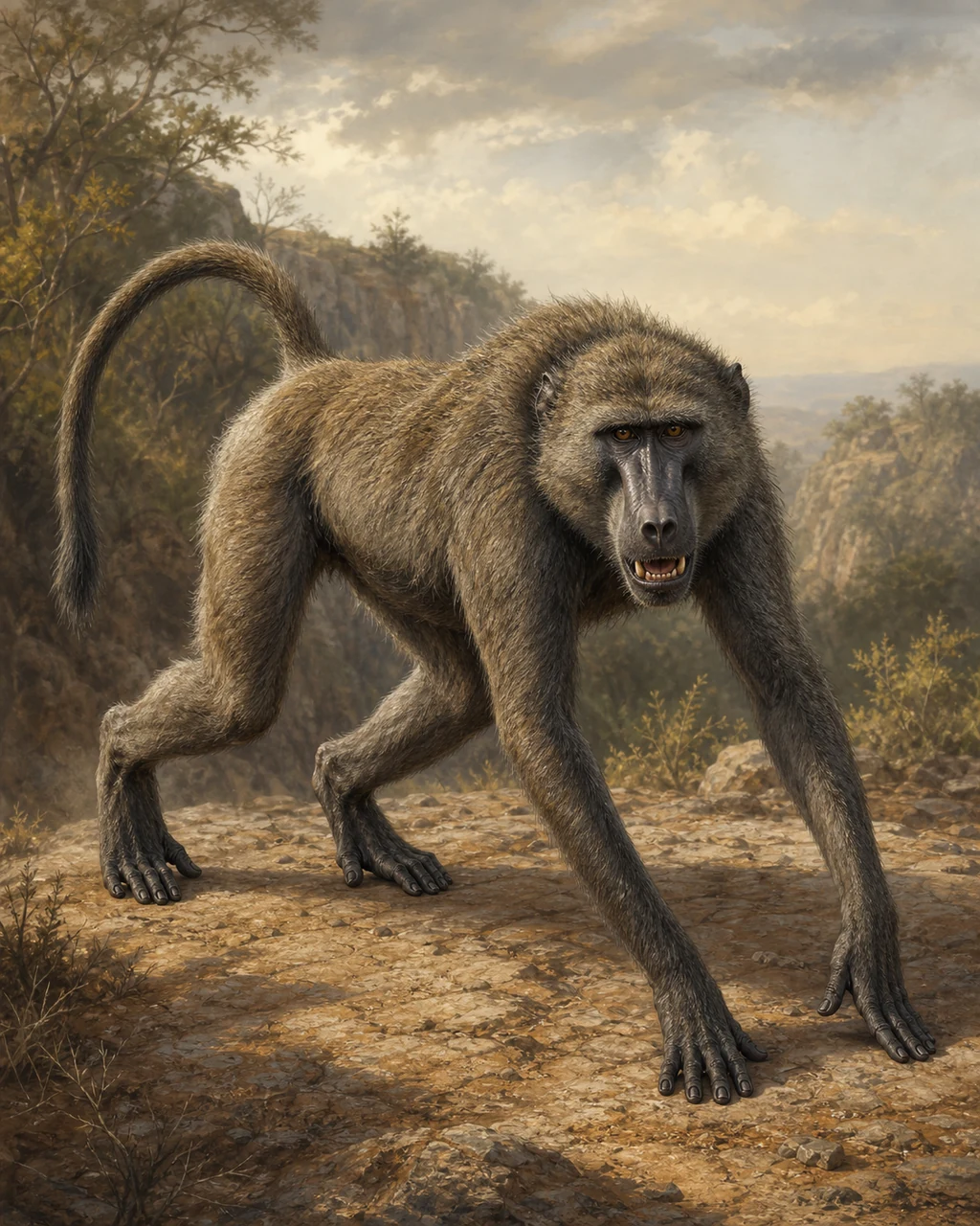 A lean gray-brown baboon bounds over a rocky woodland ledge with its long tail arched behind it.