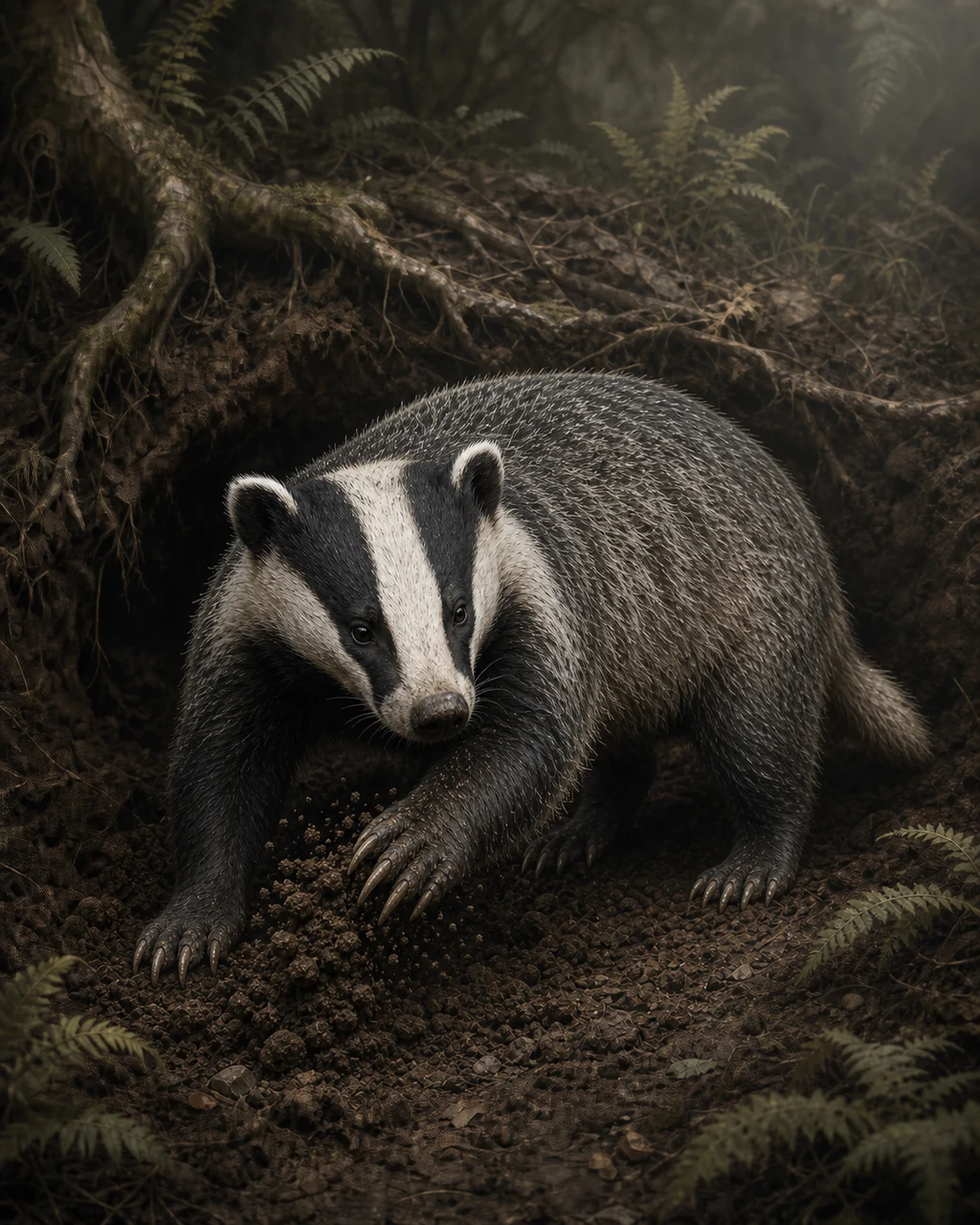 A striped badger braces at the mouth of a forest burrow with soil clinging to its digging claws.