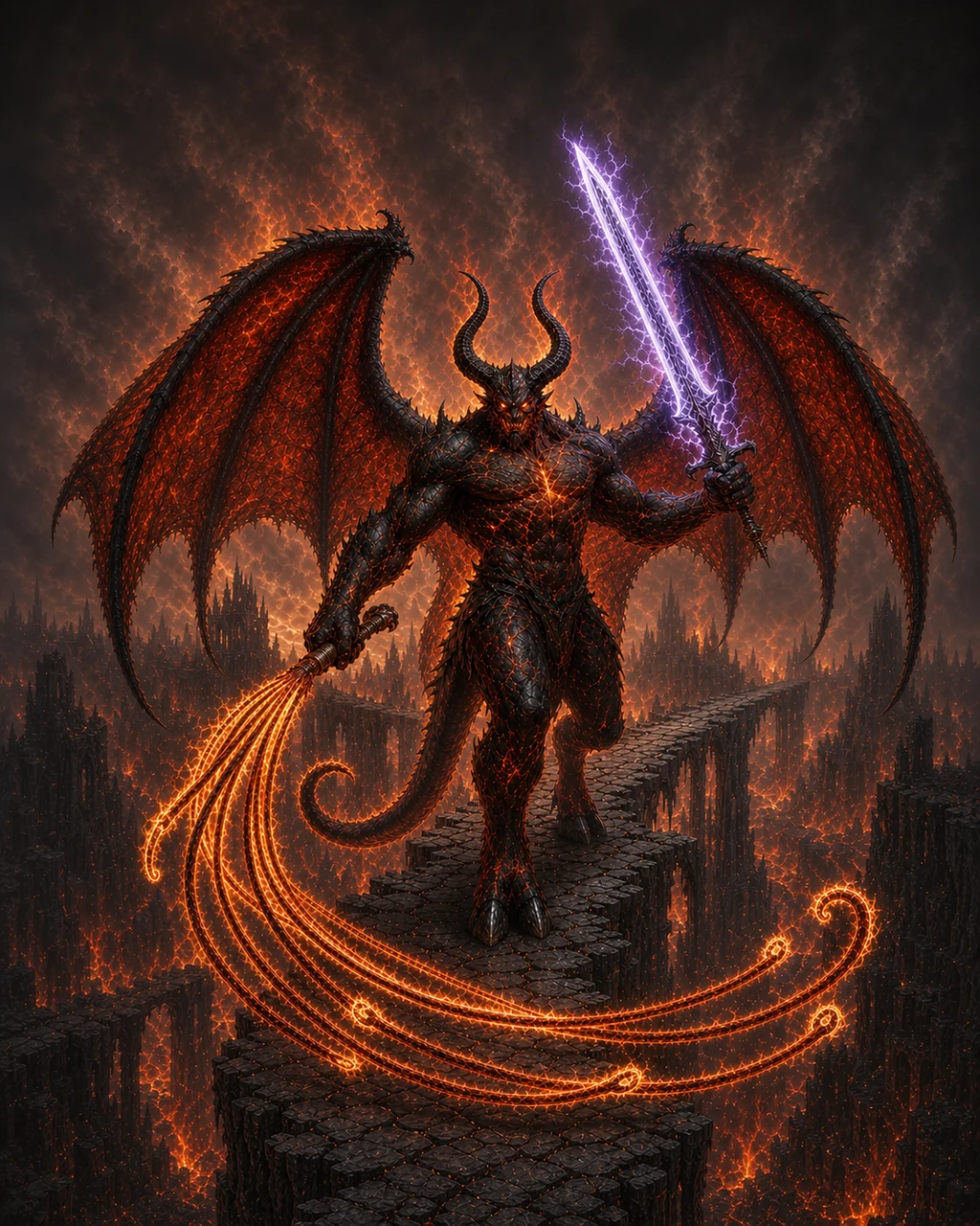 A huge horned balor strides across a shattered bridge with a flame whip, lightning blade, and vast dark wings.