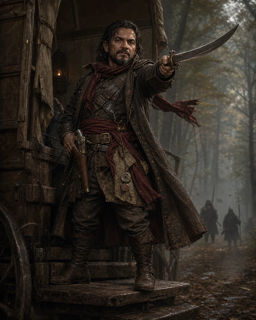 A compact bandit captain commands a roadside ambush with scimitar extended and a pistol holstered at the waist.