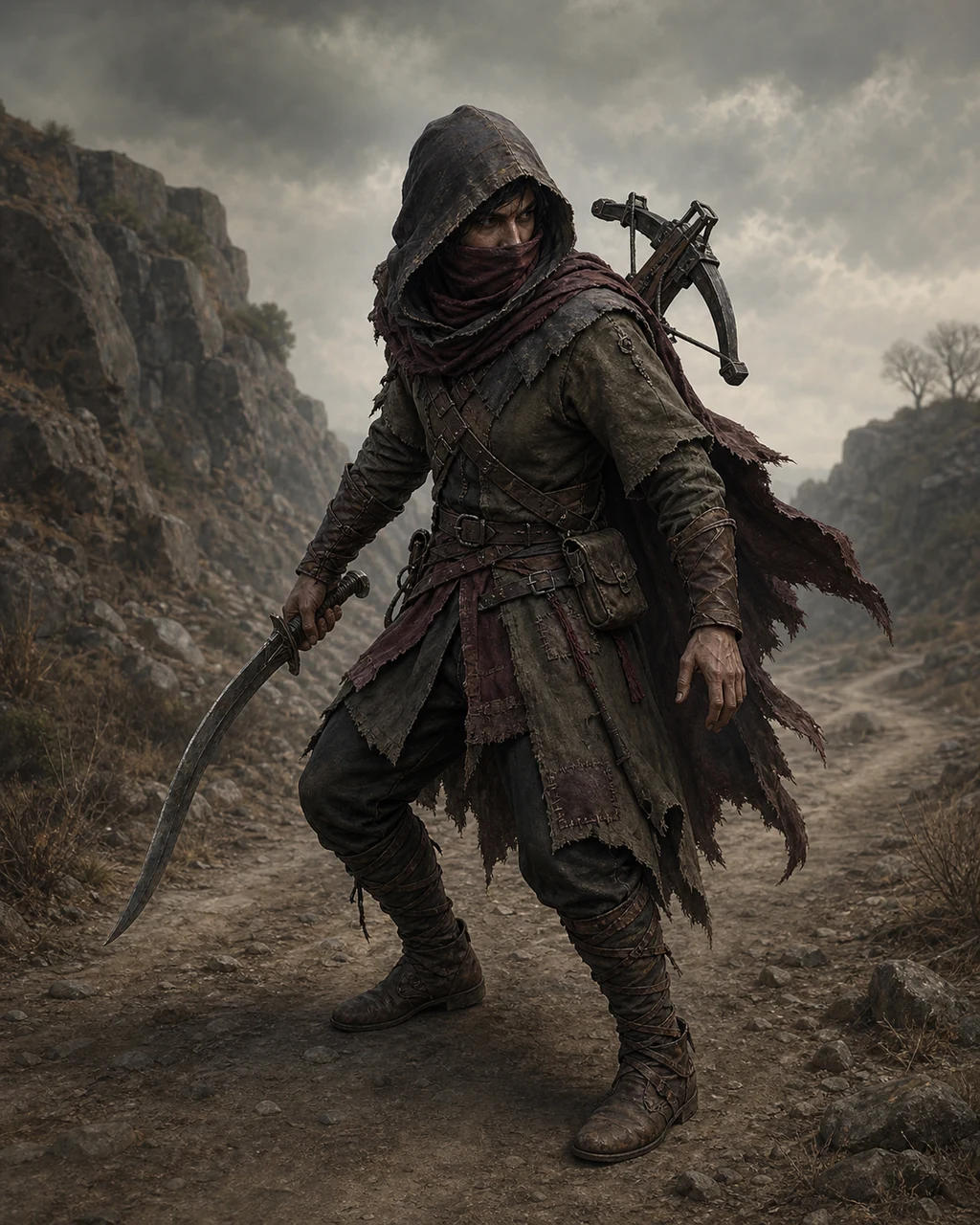 A small hooded bandit waits beside a lonely road with scimitar drawn and crossbow on their back.