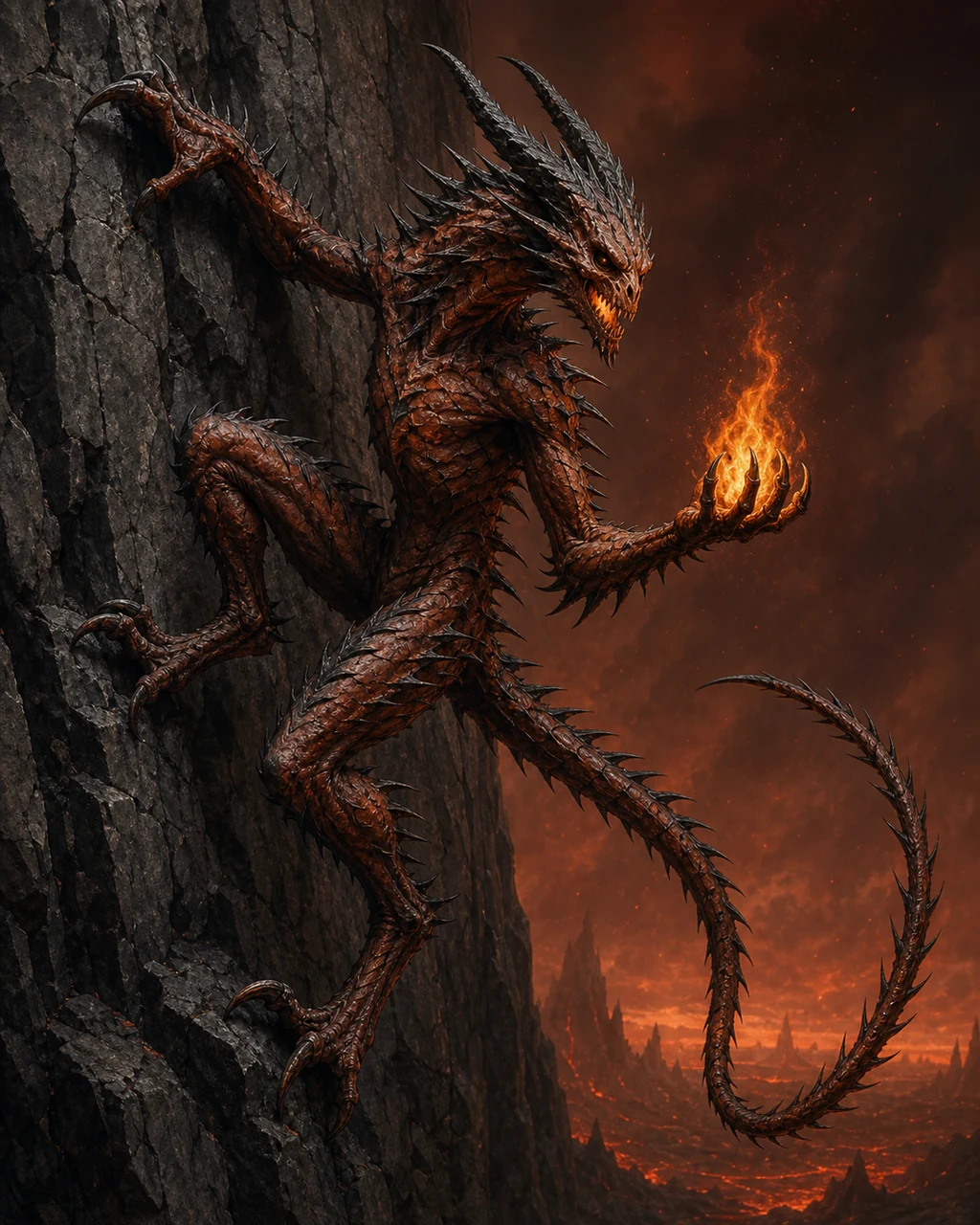 A thorn-covered barbed devil clings to basalt while gathering fire in one clawed hand.