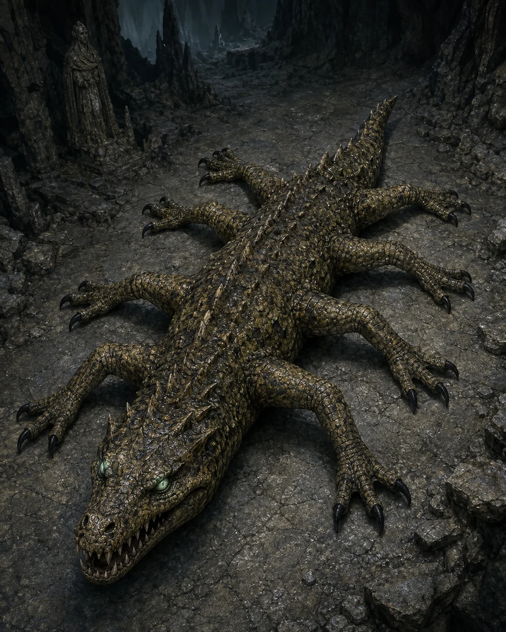 An eight-legged basilisk crawls over cavern rock, bony spurs raised and pale green petrifying eyes fixed forward.