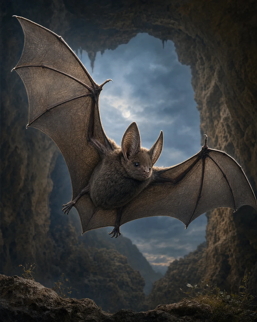 A small charcoal-brown bat banks through the moonlit mouth of a limestone cave.