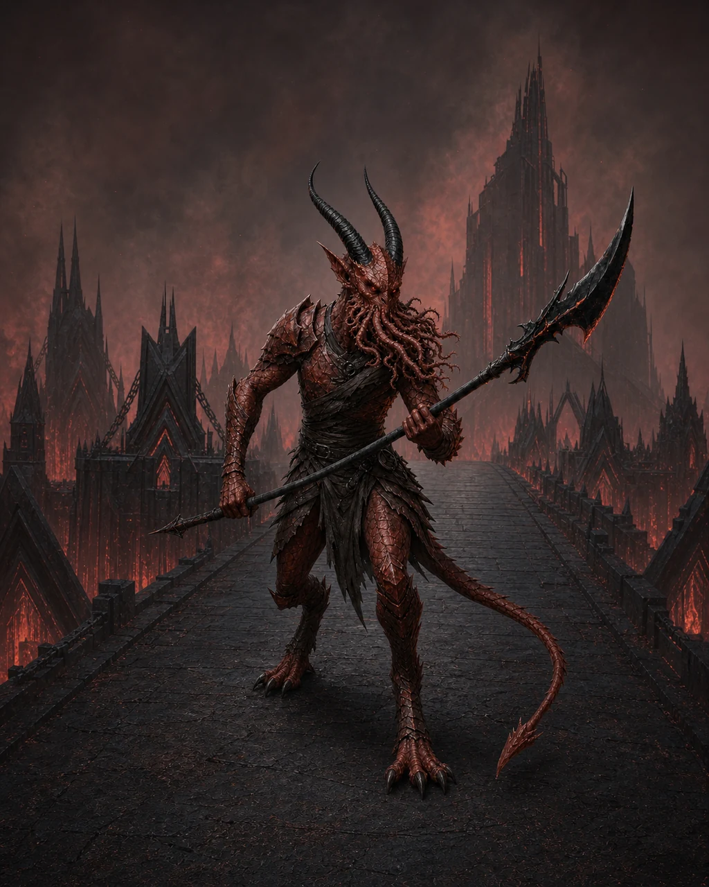 A rust-red bearded devil advances along an infernal causeway with barbed facial tendrils and a black glaive.