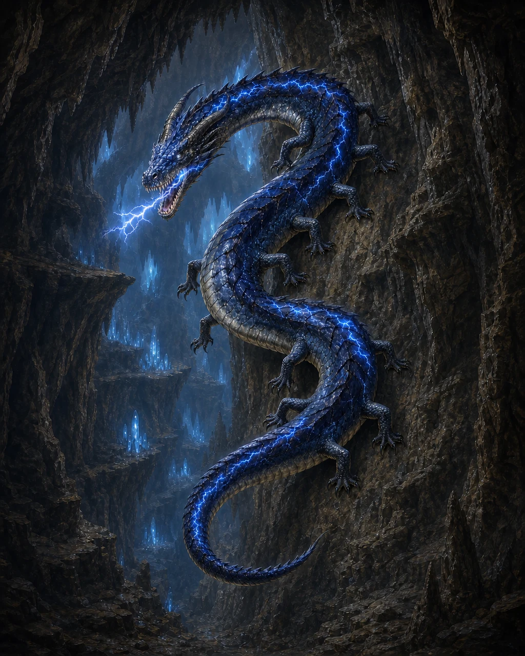 A twelve-legged blue behir coils down a cavern wall as white lightning gathers in its jaws.