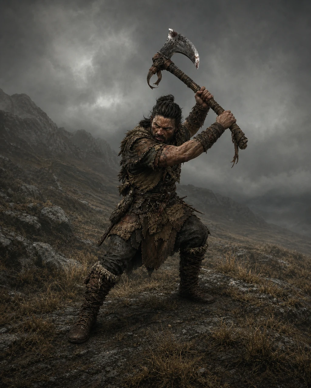 A compact hide-clad berserker charges across a rocky hill with a nicked greataxe raised overhead.