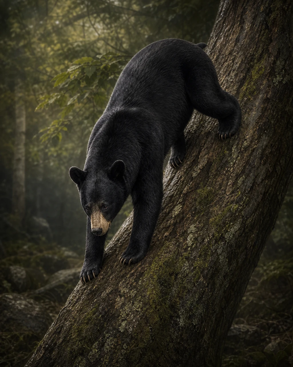 A glossy black bear climbs headfirst down a broad forest tree with curved foreclaws anchored.