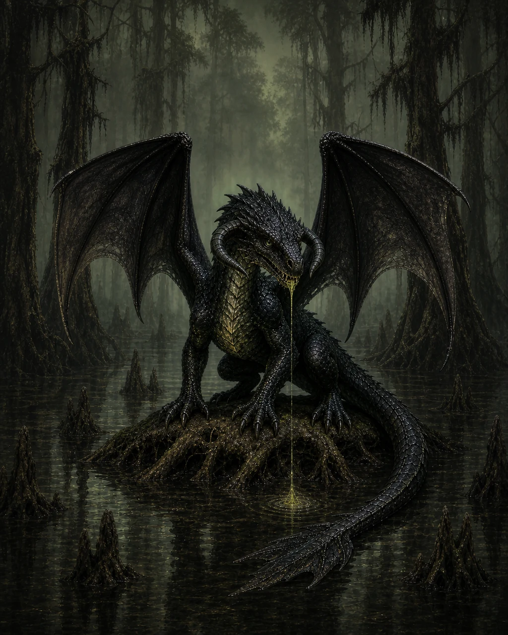 A young black dragon crouches on a swamp root, oily wings spread as smoking acid drips from its jaws.