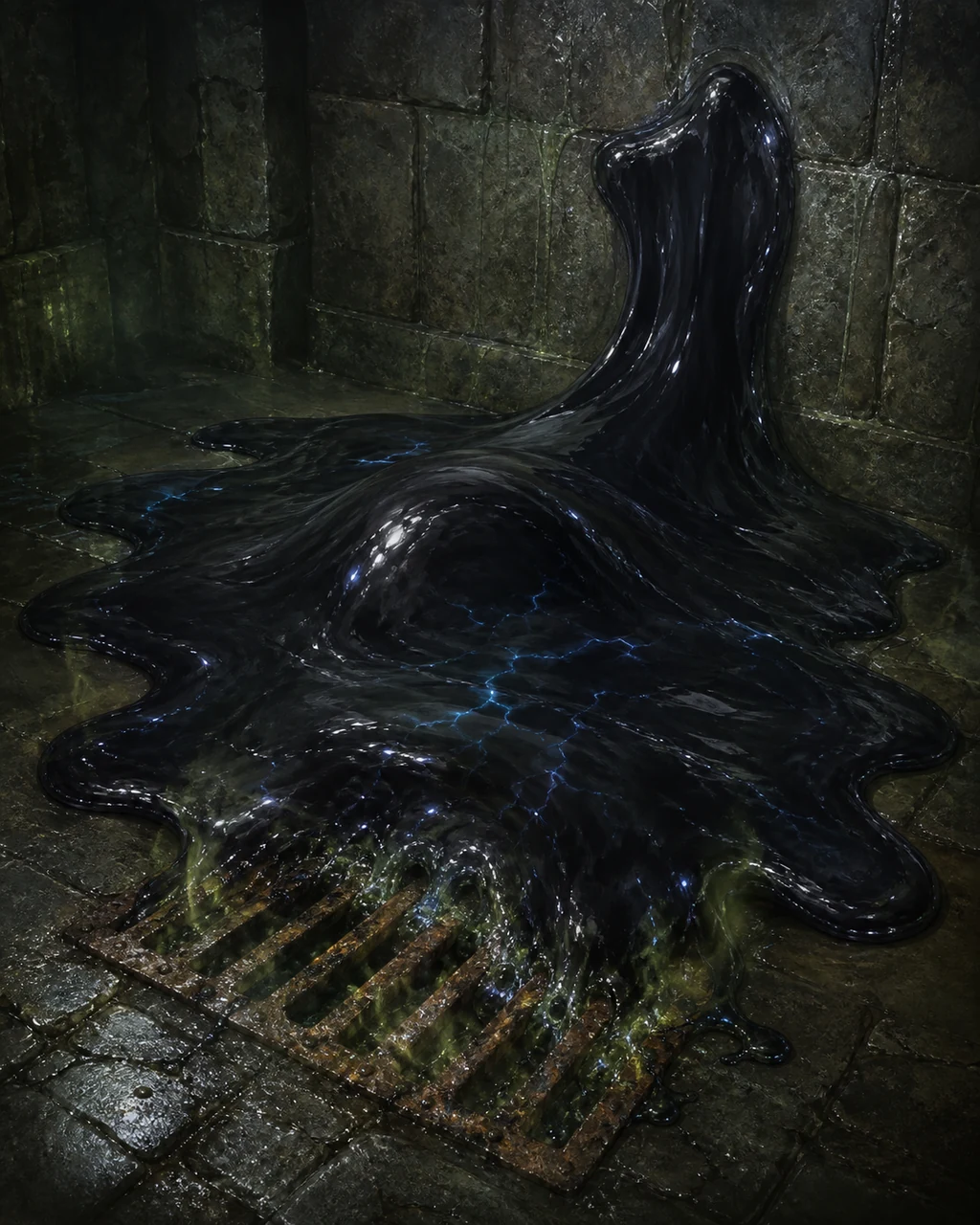 A glossy black pudding spreads across an Underdark floor and wall while a metal grate corrodes beneath it.